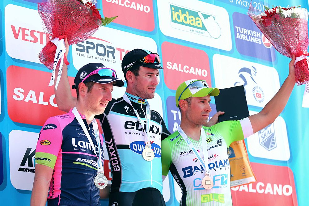 The stage 2 podium with winner Mark Cavendish (Etixx-QuickStep)