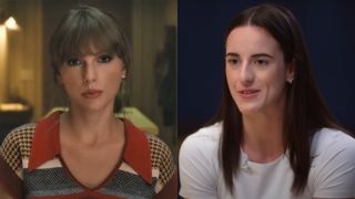 Taylor Swift in "Anti-Hero" video and Caitlin Clark on 60 Minutes.