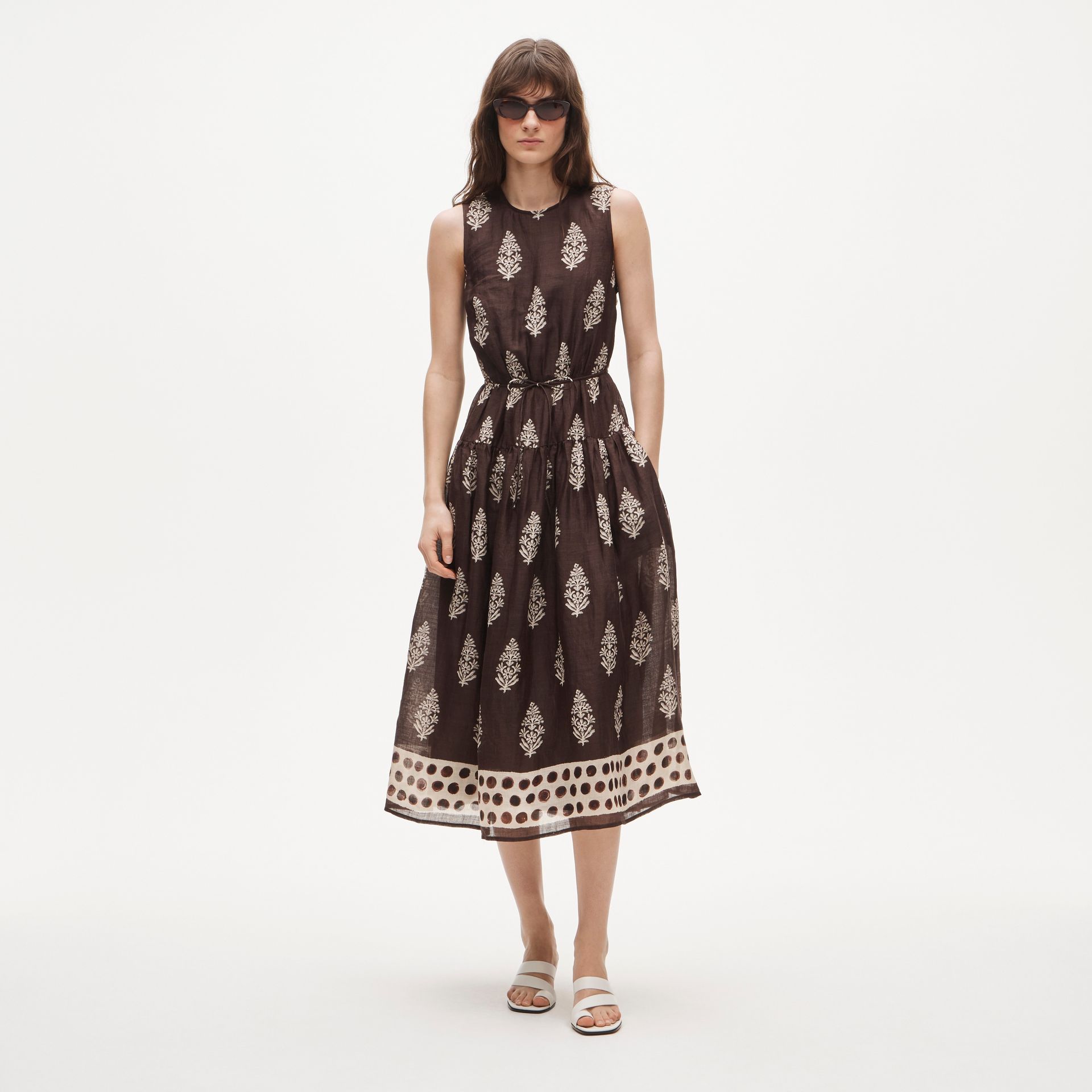Petite Open-Back Dress in Cocoa Block-Print Ramie