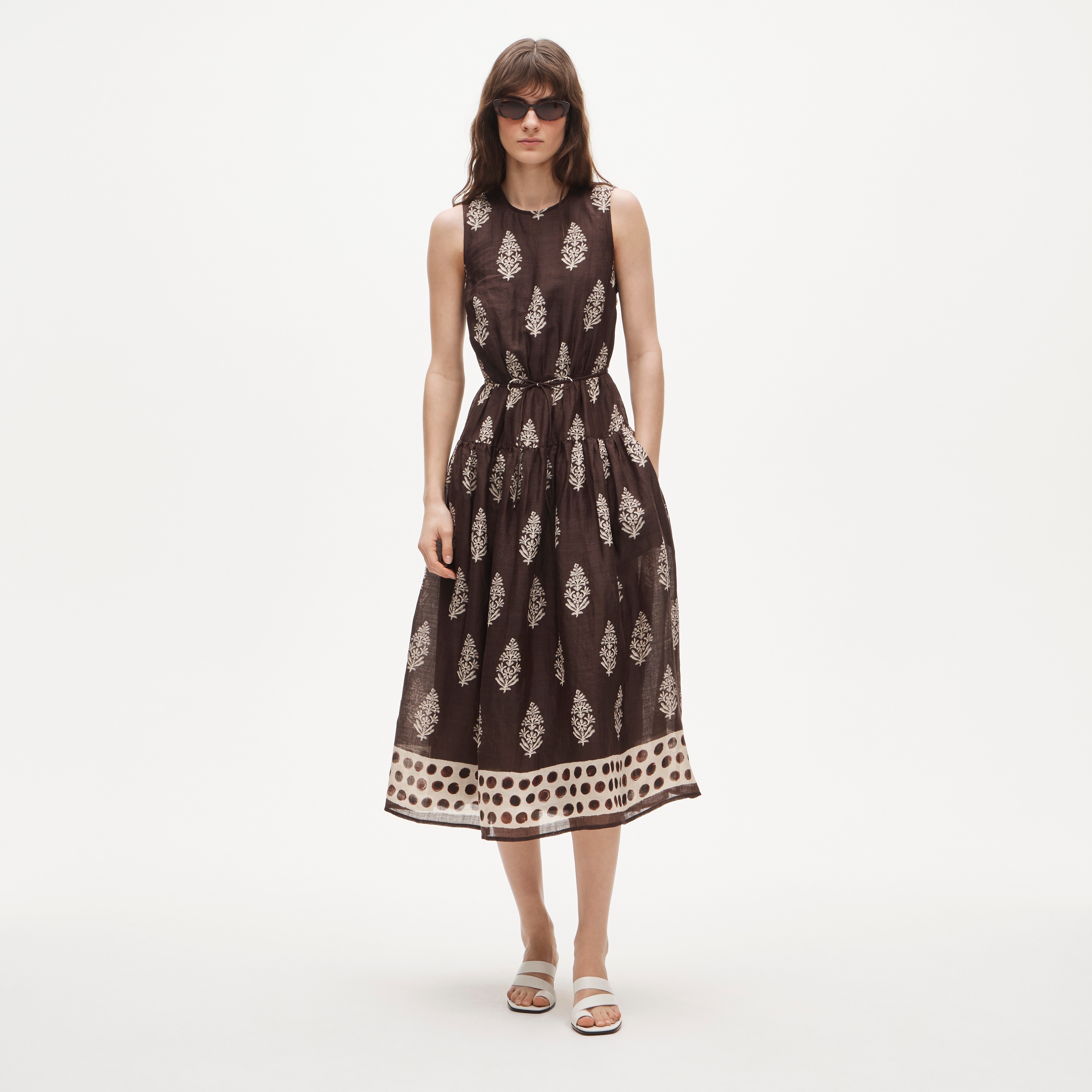 Petite Open-Back Dress in Cocoa Block-Print Ramie