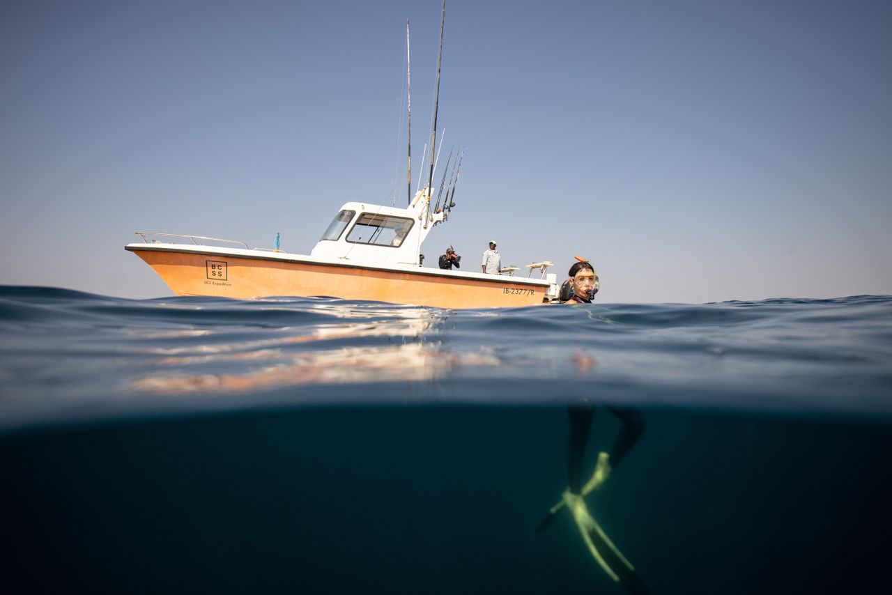 Woman half submerged in water next to a boat