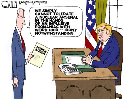 Political cartoon U.S. Trump North Korea nuclear crisis Kim Jong Un