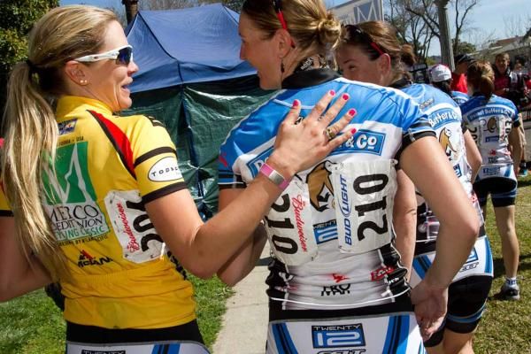 Race leader Allison Tetrick Starnes and Lauren Tamayo make their way to the podium presentation for the previous day's time trial.