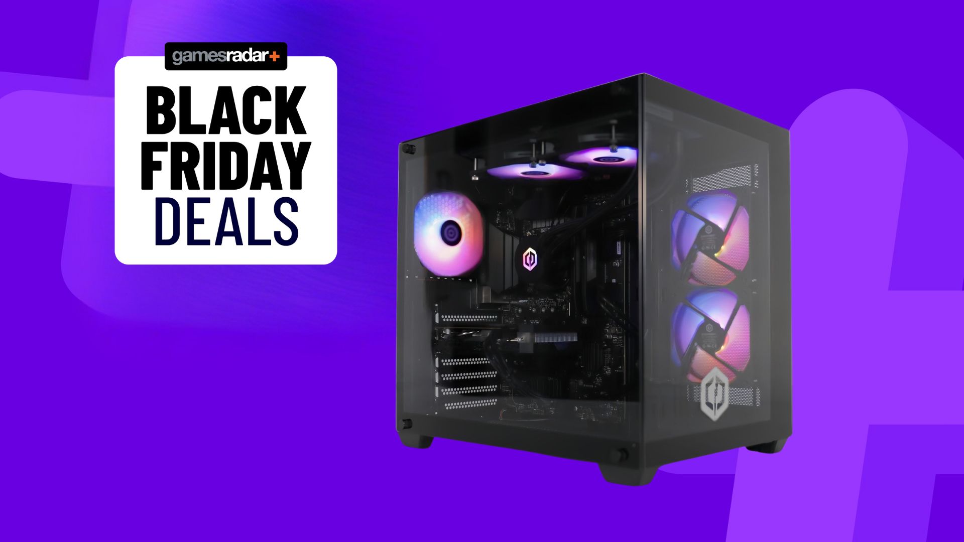 A CyberPowerPC on a purple Black Friday deal background