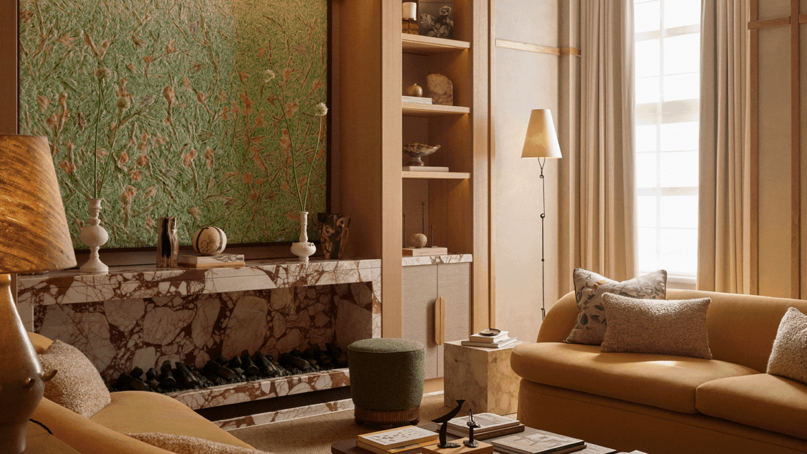 A rotating gif spotlighting the different communal areas of an artful, ceramics and patterned textiles-filled hotel.