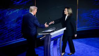 Side by side images of Former President Trump and Vice President Harris