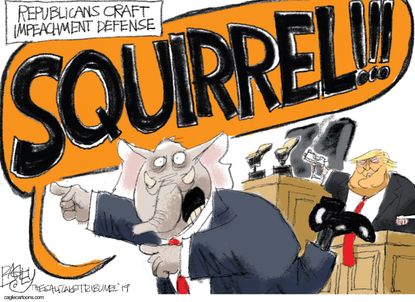 Political Cartoon U.S. Trump Impeachment Squirrel Defense