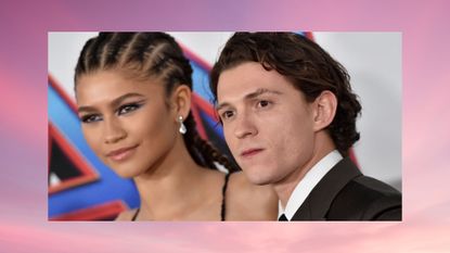 Zendaya and Tom Holland attend Sony Pictures' "Spider-Man: No Way Home" Los Angeles Premiere on December 13, 2021 in Los Angeles, California in a sunset MIL template