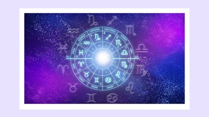 a creative image of the all of the zodiac signs in a circle, against a purple background