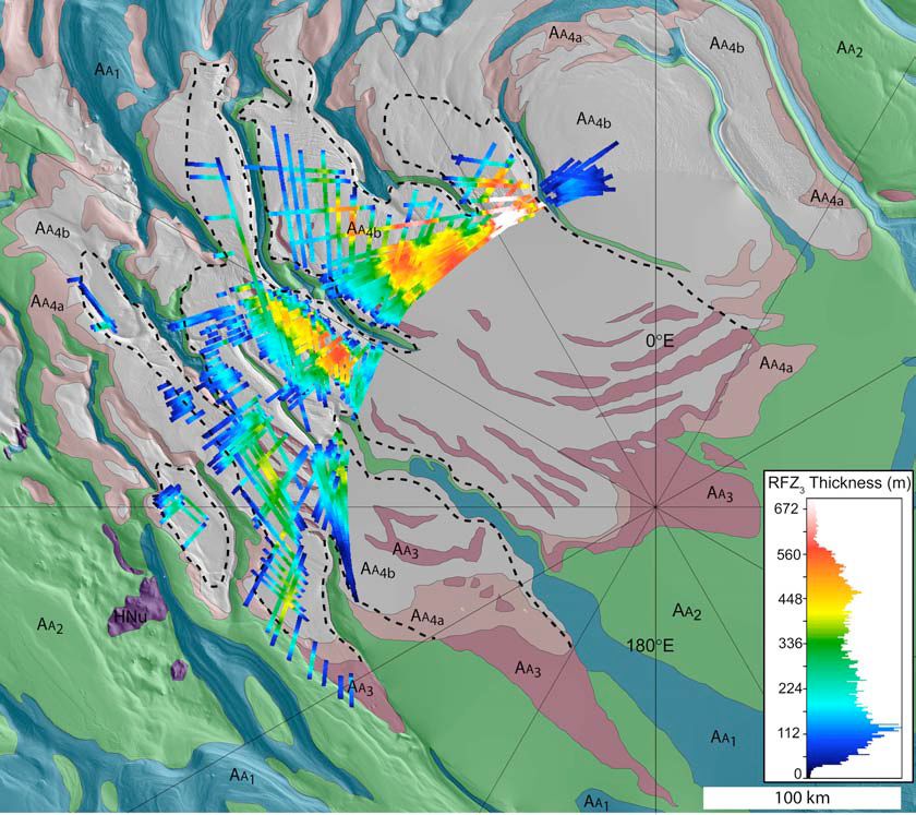 The ribbon colors in this map overlay of the south pole of Mars indicate the thicknesses of the carbon dioxide ice, or dry ice, detected by a radar on NASA&#039;s Mars Reconnaissance Orbiter.