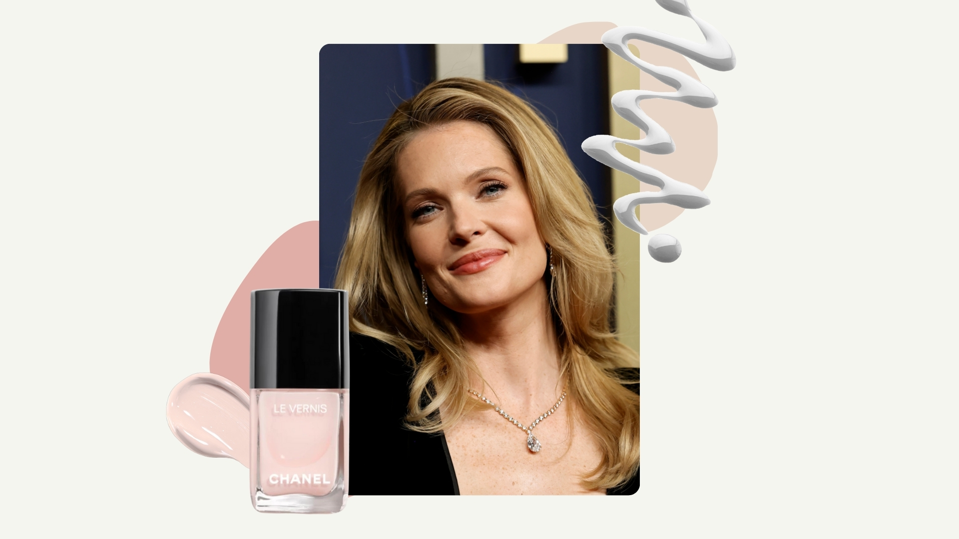 Meghann Fahy is pictured wearing a black dress whilst attending the 77th Primetime Emmy Awards at Peacock Theater on September 14, 2025 in Los Angeles, California/ the image is featured in a cream template alongside a product shot of Chanel&#039;s Le Vernis nail polish in Ballerina (a sheer, milky pink), and stock images of nail polish spills.
