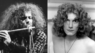 Ian Anderson onstage playing the flute, and a topless Robert Plant
