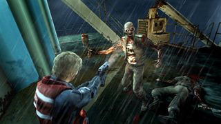 A member of the Coast Guard points a handgun at a zombie on the deck of a boat