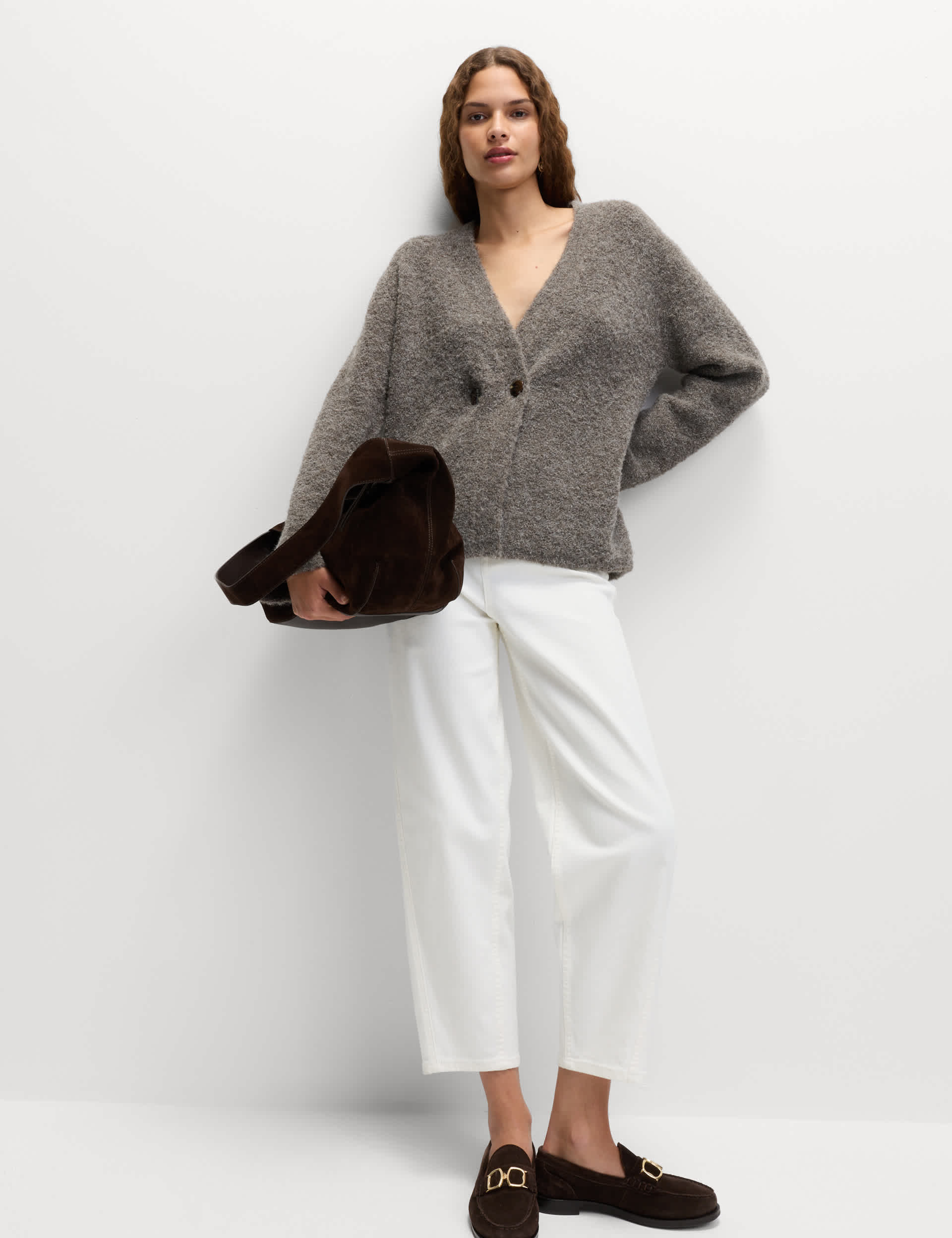 Boucl&amp;eacute; V-Neck Button Front Cardigan With Wool