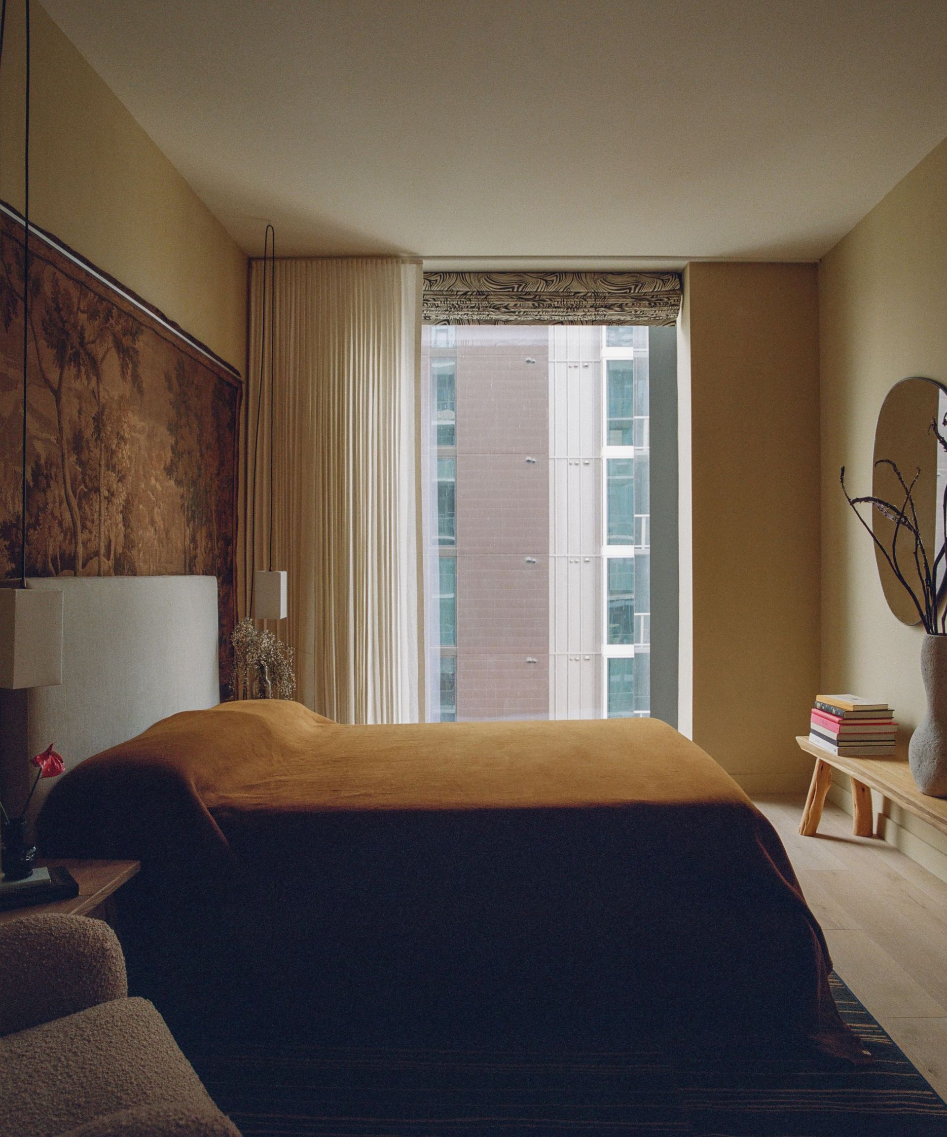 Beige bedroom with plaster walls