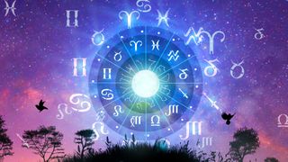 Moon Calendar 2023: Astrological zodiac signs inside of horoscope circle. Stars and moon over the zodiac wheel and milky way background. The power of the universe concept.