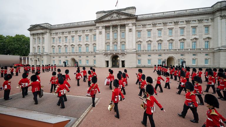 Members of the Nijmegen Company Grenadier Guards and the 1st Battalion the Coldstream Guards take part in the Changing of the Guard, which is taking place for the first time since the start of the coronavirus pandemic in London on August 23, 2021. (Photo by Yui Mok / POOL / AFP) (Photo by YUI MOK/POOL/AFP via Getty Images)