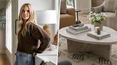 A side by side image of designer Shea McGee and an organic-shaped coffee table in a neutral-toned living room