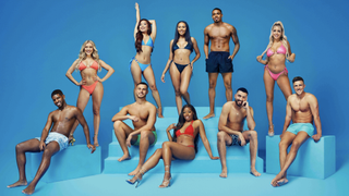Love Island season 10 cast posing in beachwear on a blue background ahead of the show's launch