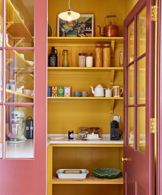 yellow room with pink and yellow pantry