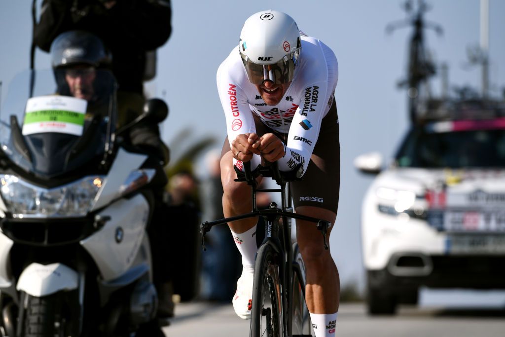 CAMAIORE ITALY MARCH 07 Greg Van Avermaet of Belgium and AG2R Citroen Team sprints during the 57th TirrenoAdriatico 2022 Stage 1 a 139km individual time trial from Lido di Camaiore to Lido di Camaiore TirrenoAdriatico on March 07 2022 in Camaiore Italy Photo by Tim de WaeleGetty Images