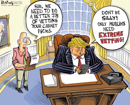 Political cartoon U.S. Trump White House chaos revolving door vetting
