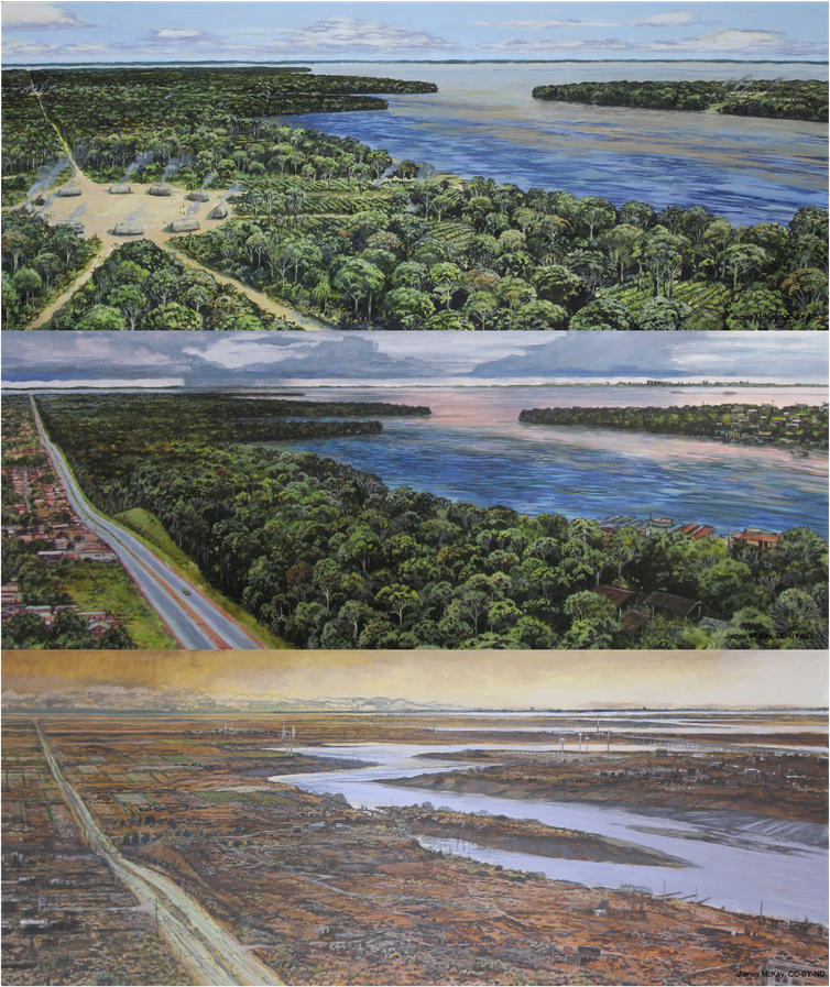The top image shows a traditional pre-contact Indigenous village (1500 CE) with access to the river and crops planted in the rainforest. The middle image is a present-day landscape. The bottom image, considers the year 2500 and shows a barren landscape and low water level resulting from vegetation decline, with sparse or degraded infrastructure and minimal human activity.