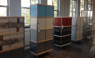 Cupboards in different solid colors.