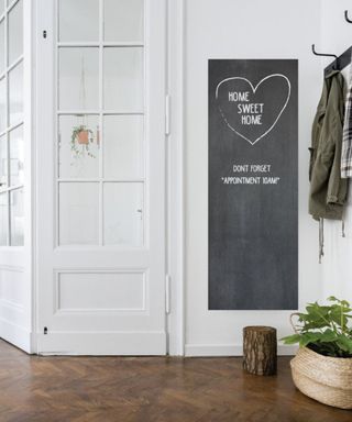 A vertical chalkboard wall sticker on a white wall beside a white door