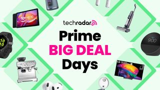 Assorted tech products on a light green background, with Prime Big Deal Days text overlay
