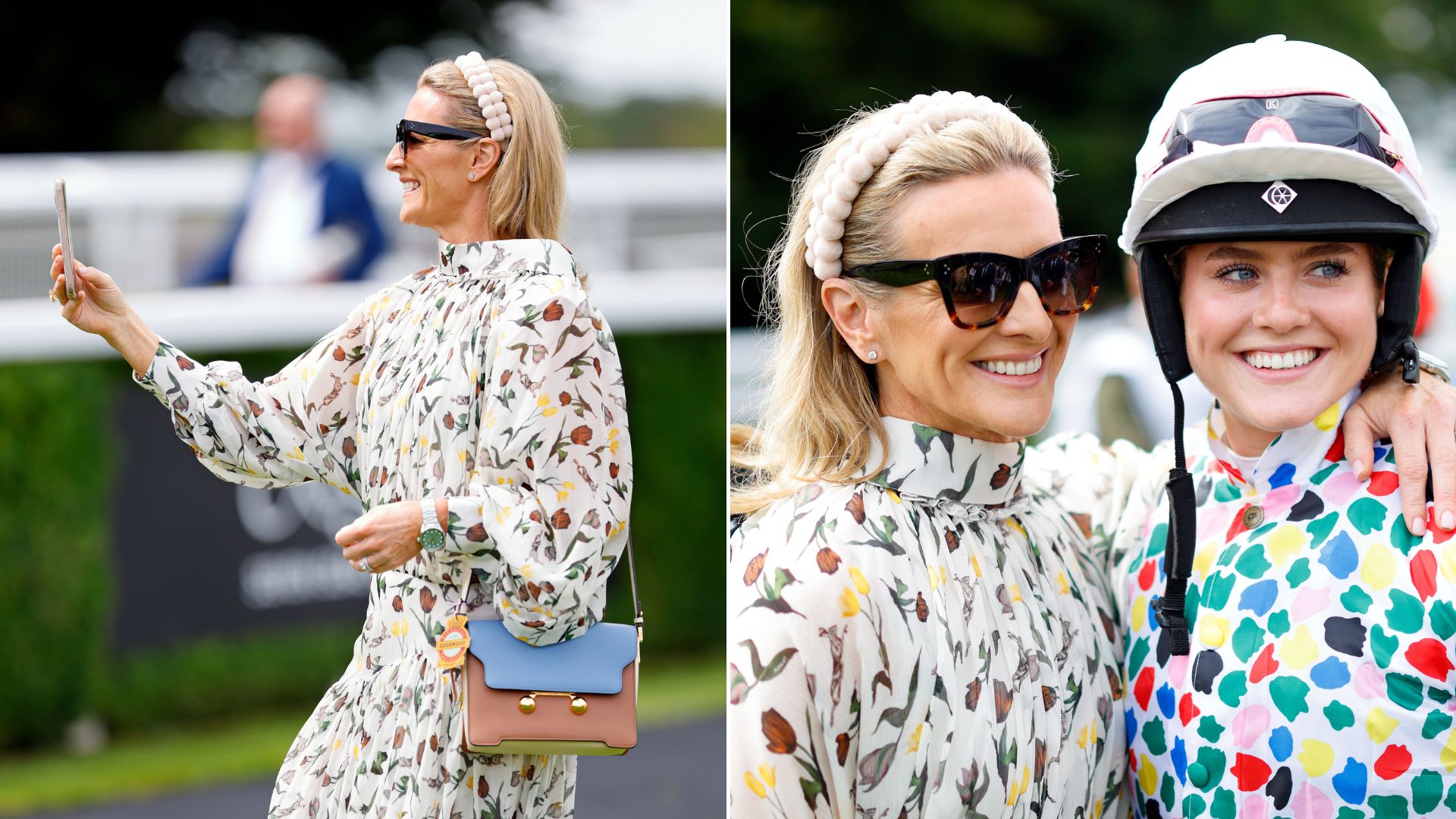 Two images of Gabby Logan at Goodwood - one on her own, and one with her daughter