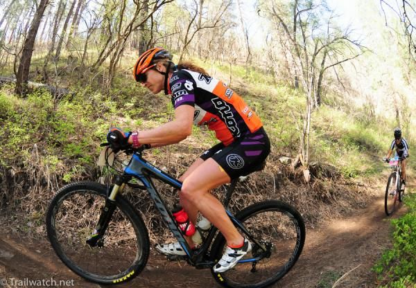 Veteran Racer (and Mom) Wendy Simms (Kona) riding in the top fifteen