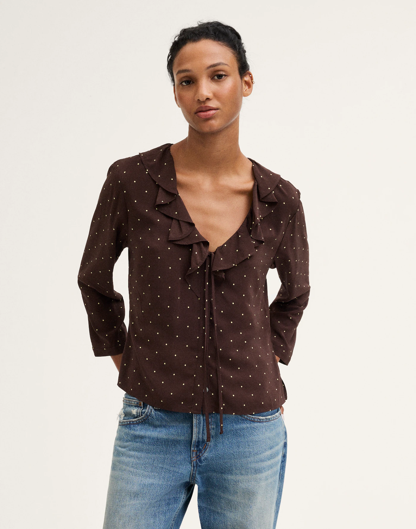 Ruffled V-Neck Long-Sleeve Top