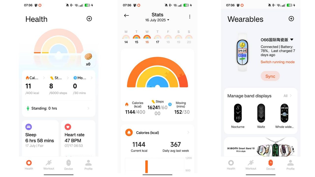 Screenshots showing health stats of the Xiaomi Smart Band 10 via the Mi Fitness app.