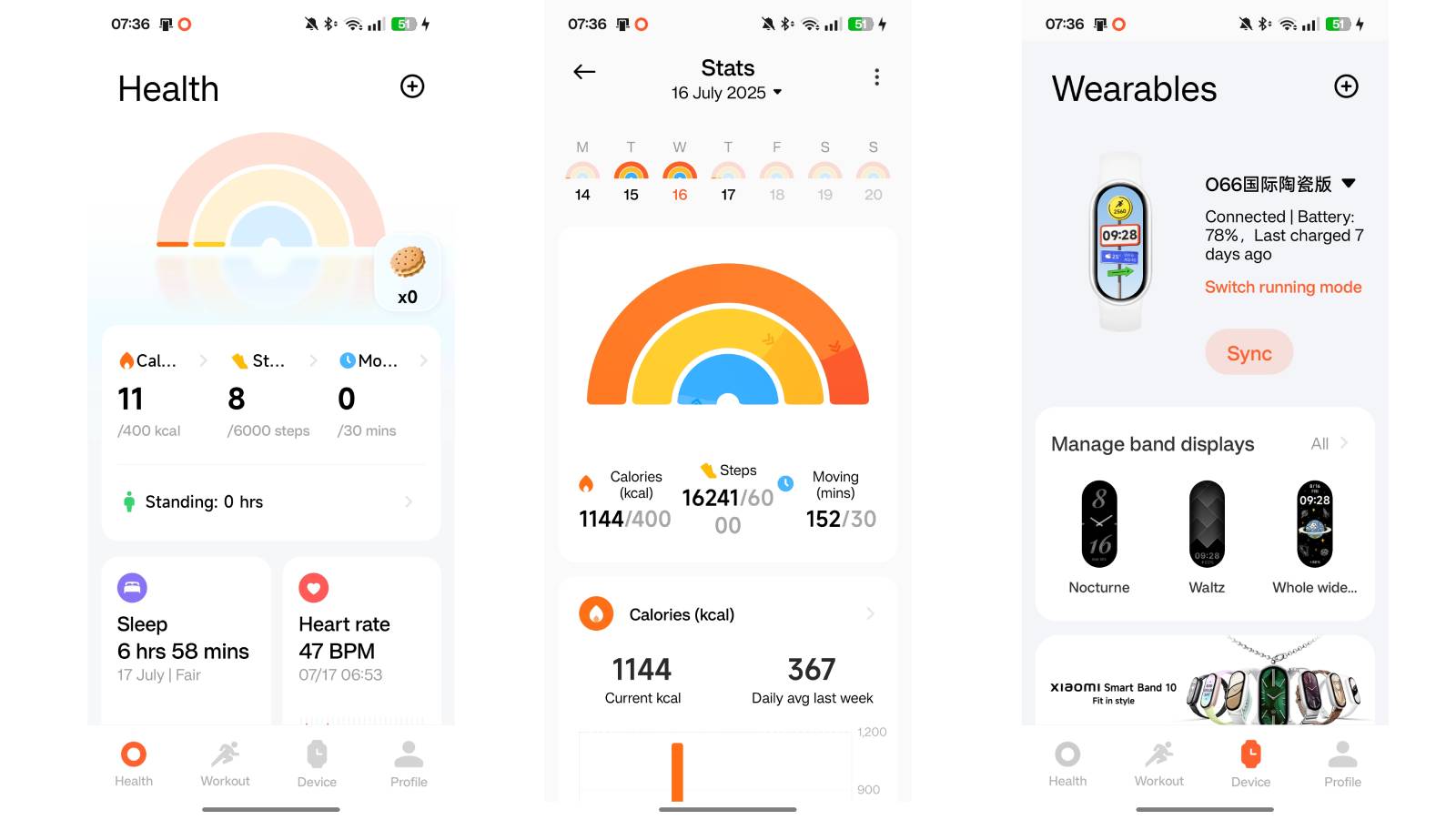 Screenshots showing health stats of the Xiaomi Smart Band 10 via the Mi Fitness app.