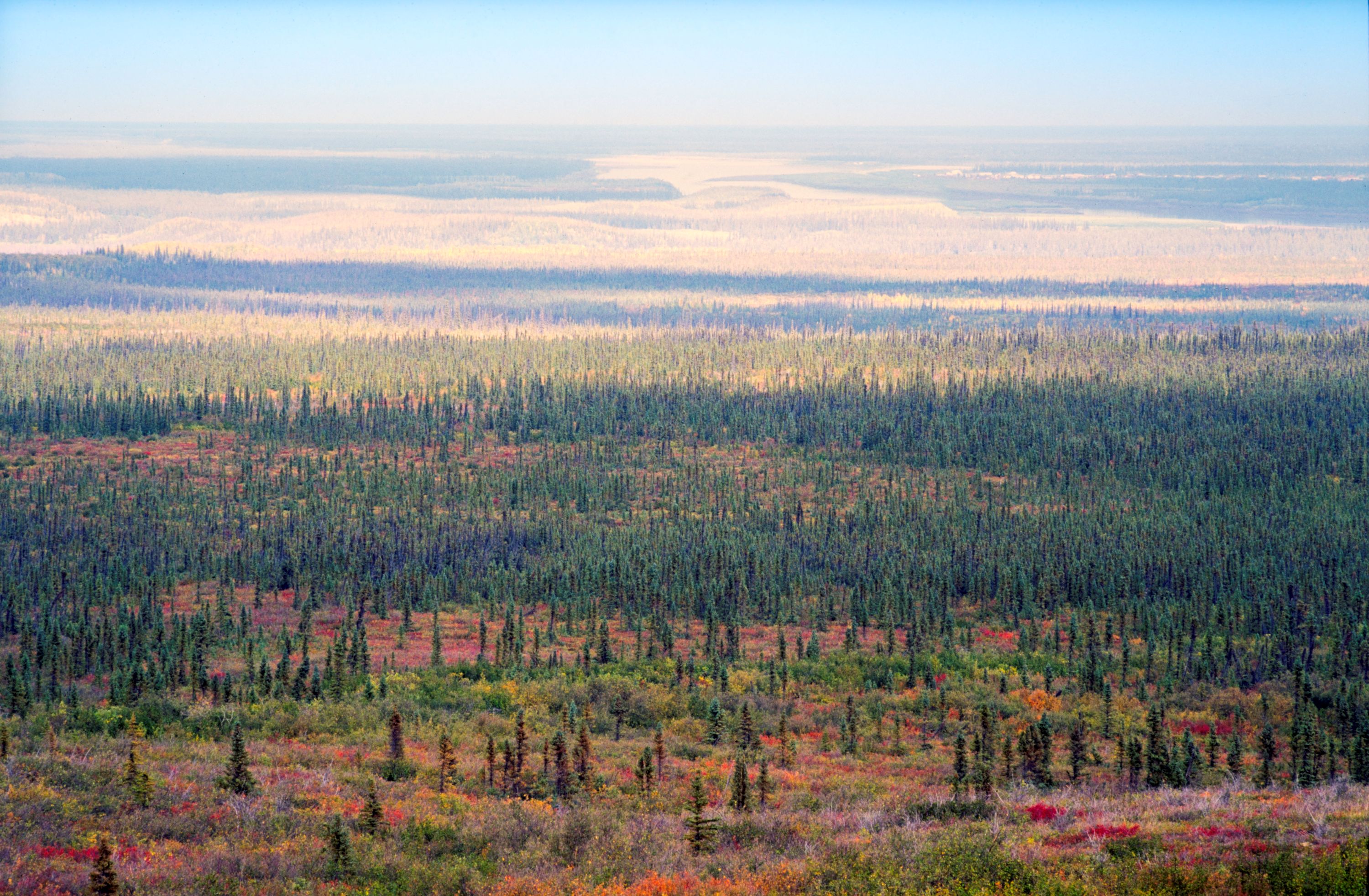 Бореална шума и река Лиард у раној јесени северозападне територије, Канада