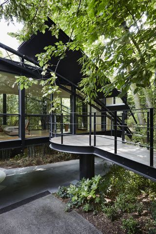 bridging boyd by jolson, a modernist house refreshed with white walls, black framing and details and a overgrown leafy garden seen through large glazing