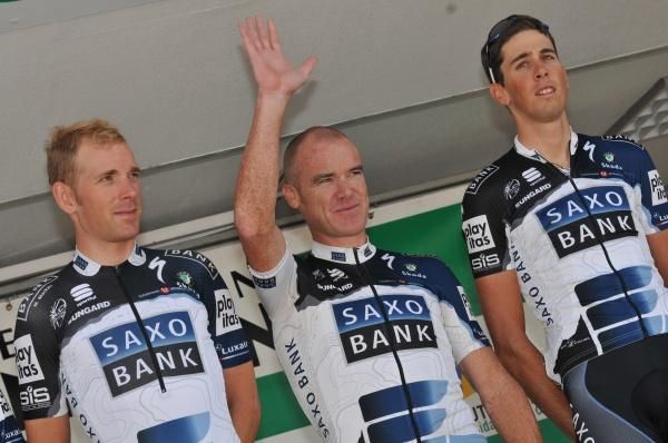 Stuart O'Grady (Saxo Bank) receives his pre-race introduction.