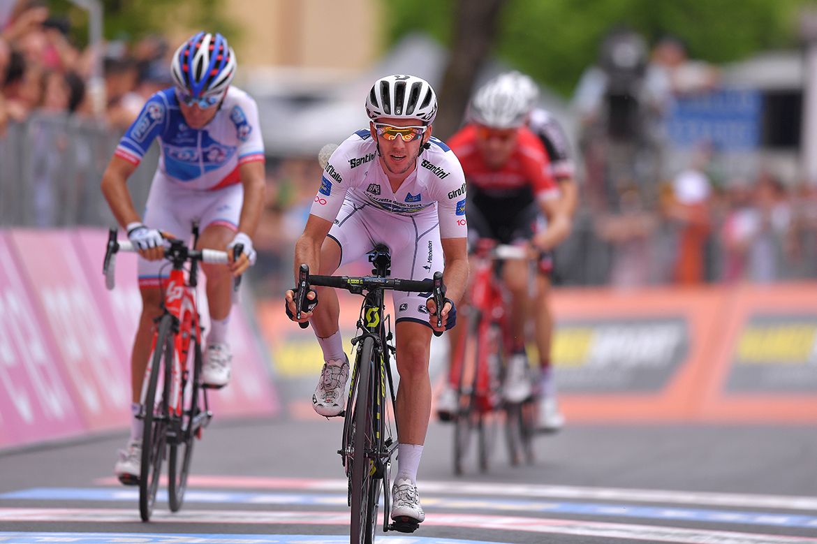 Adam Yates crosses the stage 20 finish line at the Giro d'Italia.