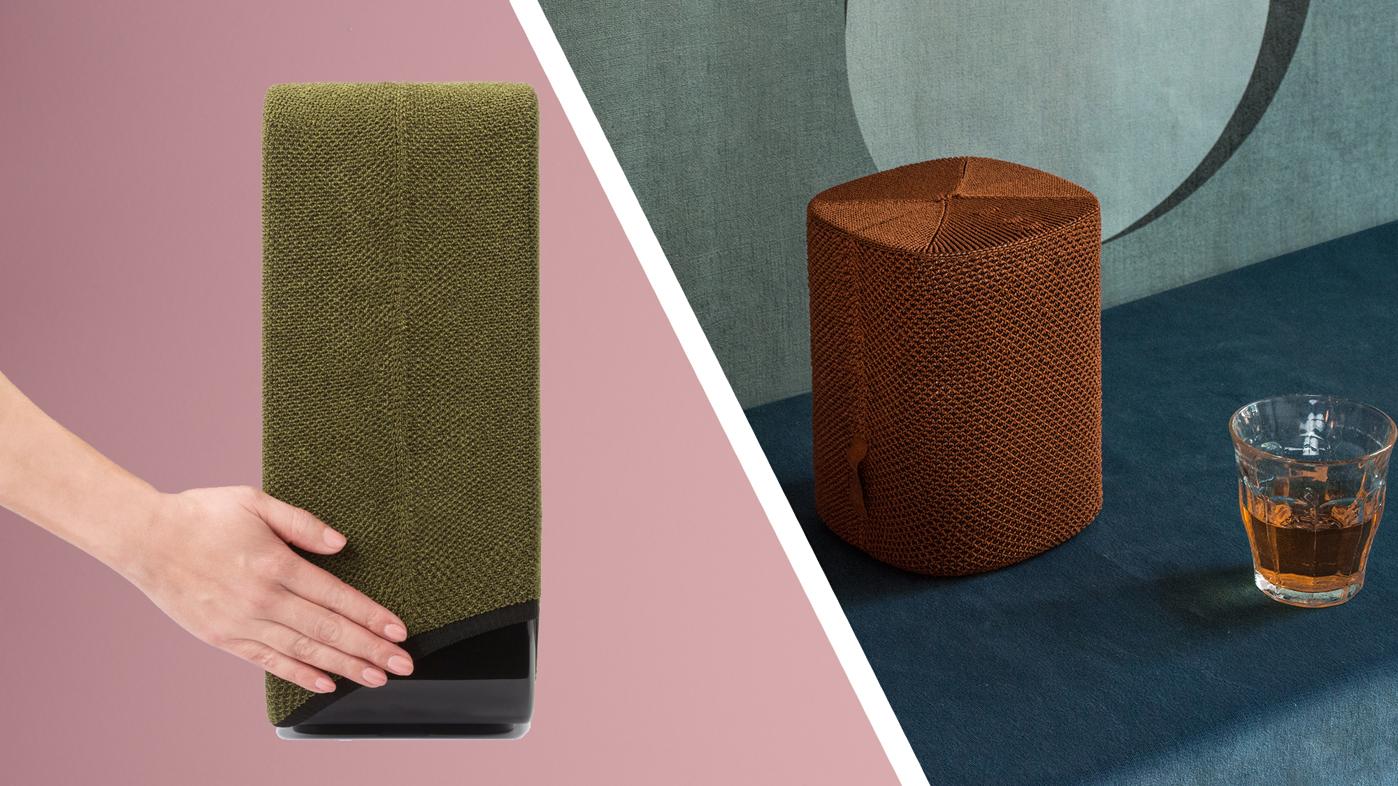 A green soundskin being pulled over a Sonos Sub, next to an image of a stylish copper Soundskin covering a Sonos One speaker
