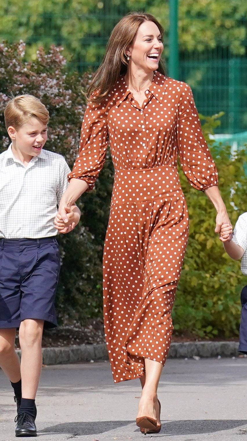 The Princess of Wales laughs as she arrives with Prince George at Lambrook School