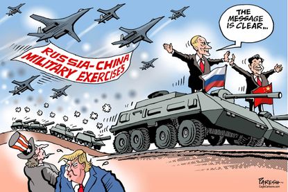 Political cartoon U.S. Russia China military exercises Xi Jinping Putin Trump