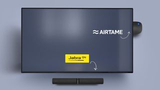 A monitor with the Airtame and Jabra solutions to enhance hybrid collaboration.