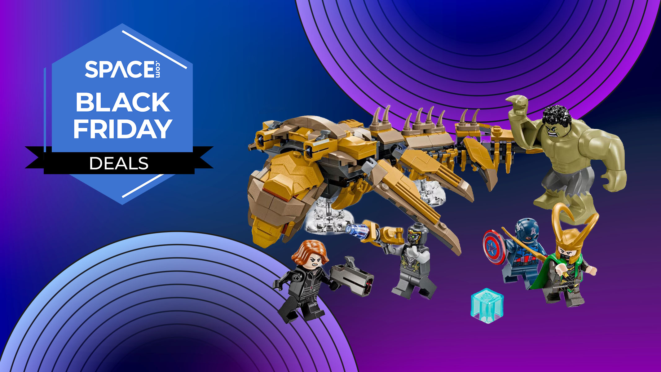 A LEGO Marvel The Avengers vs. The Leviathan set, with the Avengers attacking a creature, and a Space Black Friday Deals logo. 
