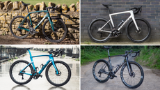 A collage of four road bikes, from Factor, Pinarello, Specialized and Trek