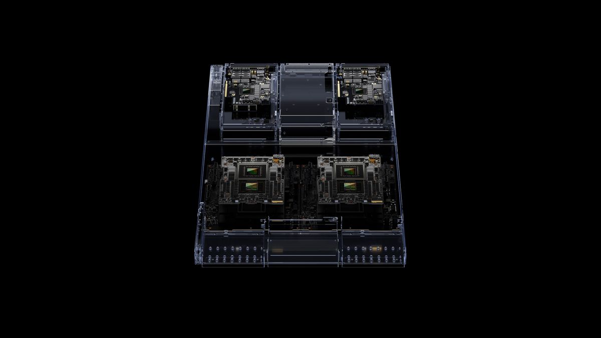 An Nvidia GH200 Grace Hopper Superchip on a black background. This is a complex piece of hardware in a rectangular shape, with raised circuitry against a polished metal chassis.