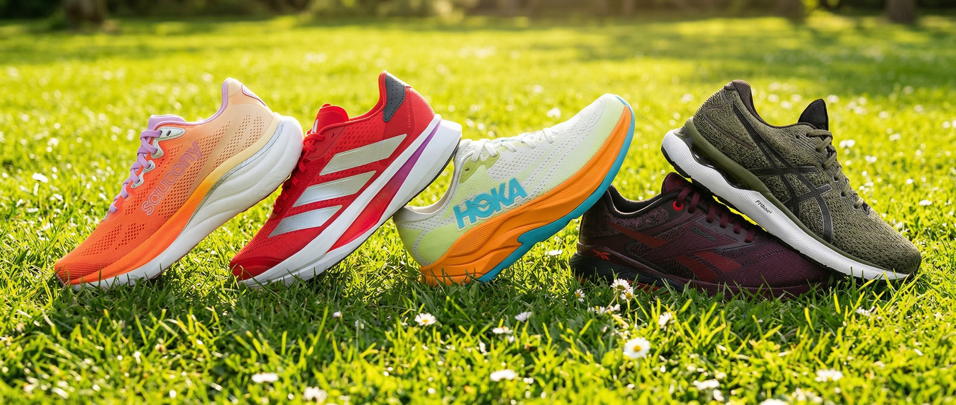 Selection of running shoes for beginners on a grassy background