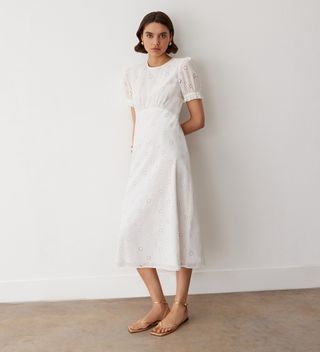 Finery London, Gaun Midi Broderie Anglaise Katun Putih Mela