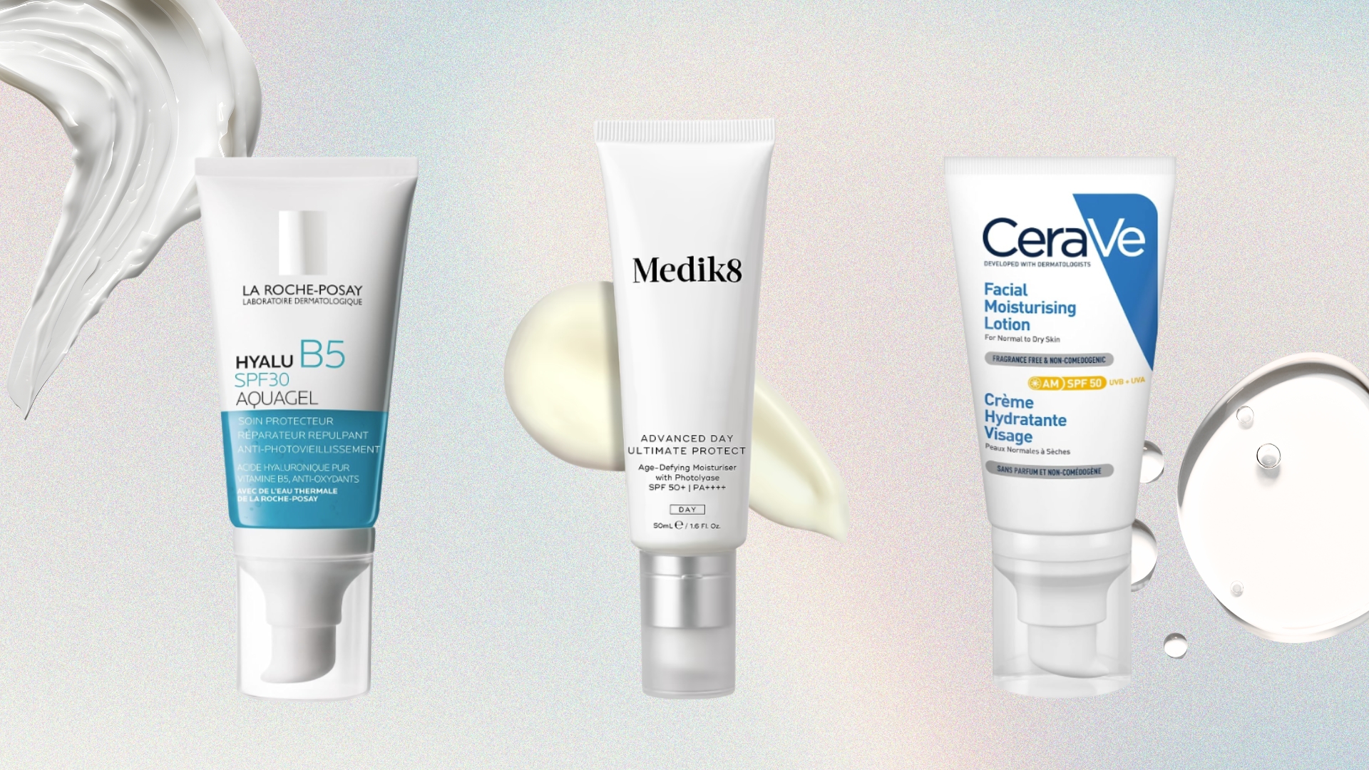 A collage feature three of the best moisturisers with SPF from La Roche-Posay, Medik8 and CeraVe, on a multi-coloured template with cream and gel skincare swatches