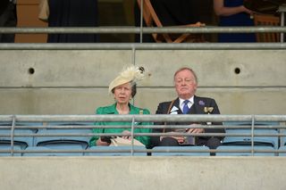 Anne, Princess Royal and Andrew Parker Bowles are seen watching a race during Royal Ascot 2021 at Ascot Racecourse on June 16, 2021 in Ascot, England.